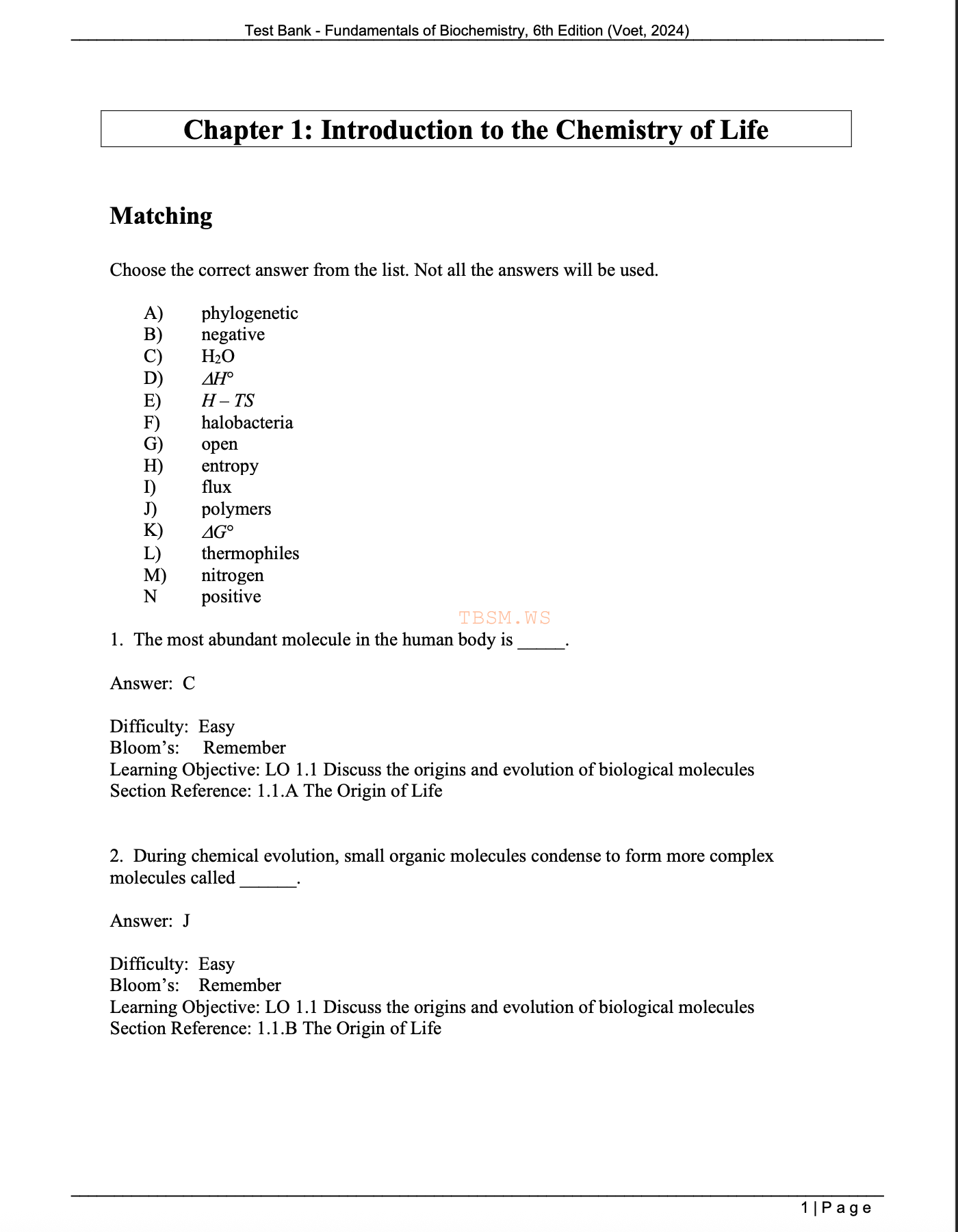 Test Bank for Fundamentals of Biochemistry 6th Edition Voet