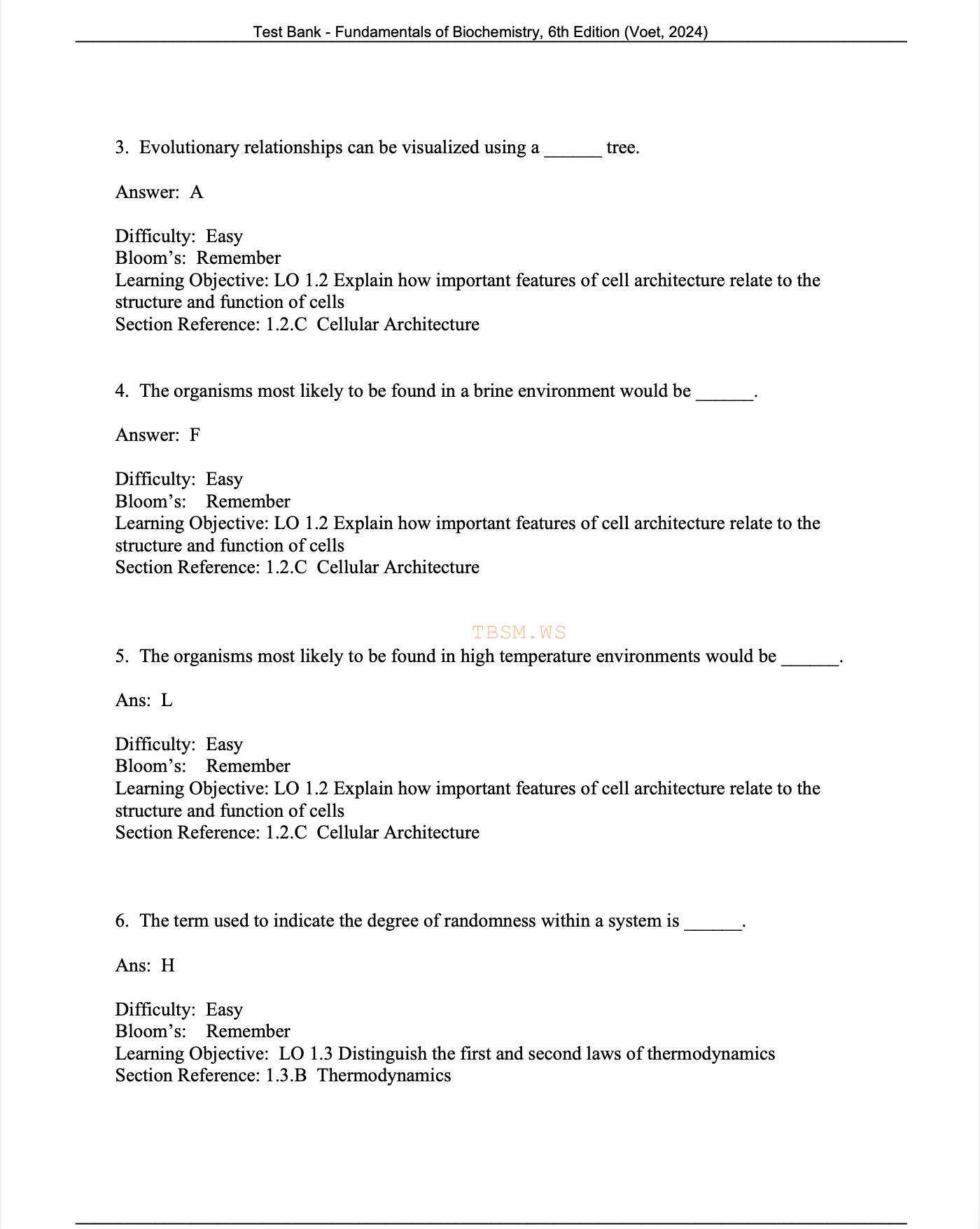 Test Bank for Fundamentals of Biochemistry 6th Edition Voet