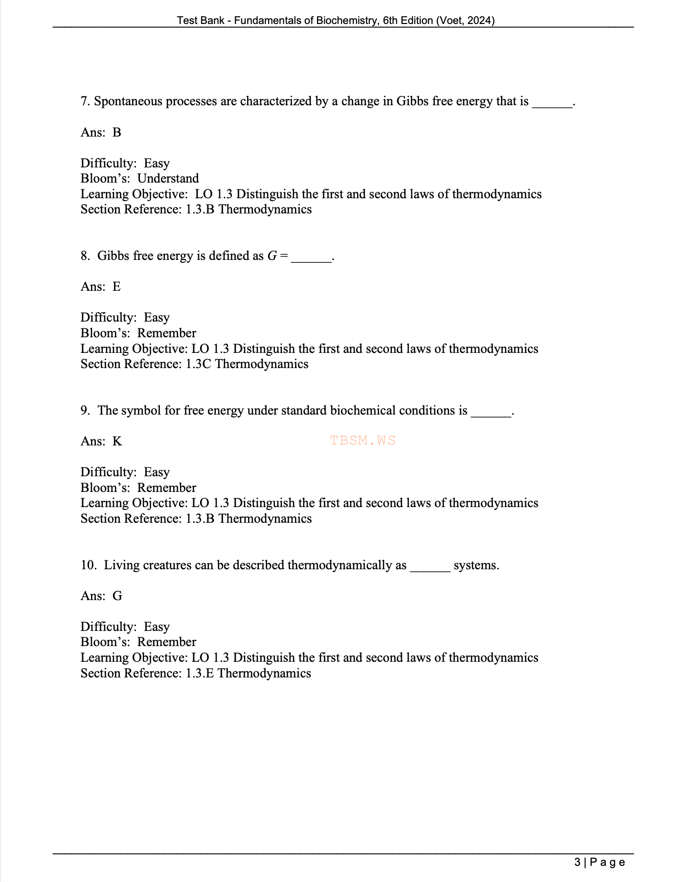 Test Bank for Fundamentals of Biochemistry 6th Edition Voet