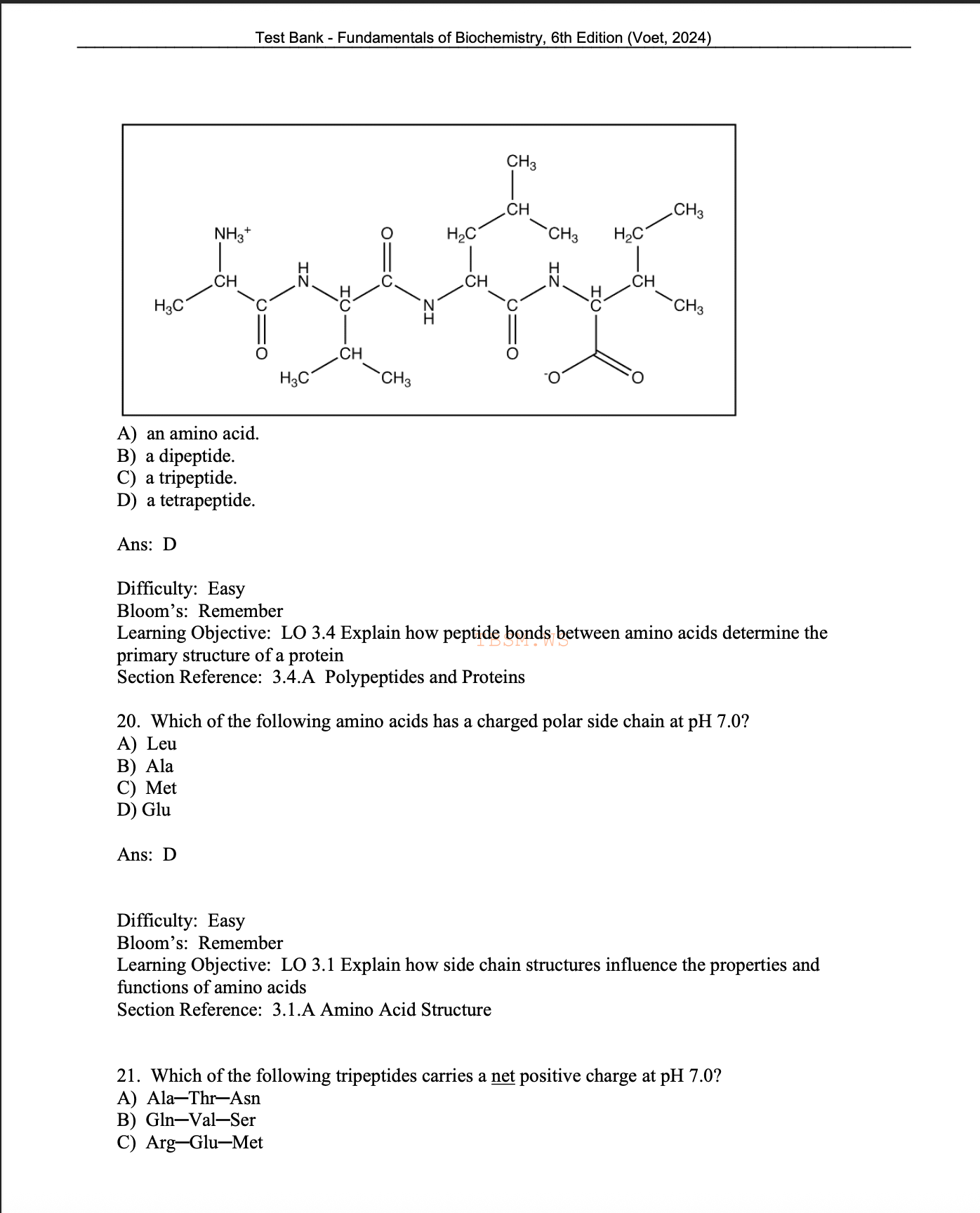 Test Bank for Fundamentals of Biochemistry 6th Edition Voet